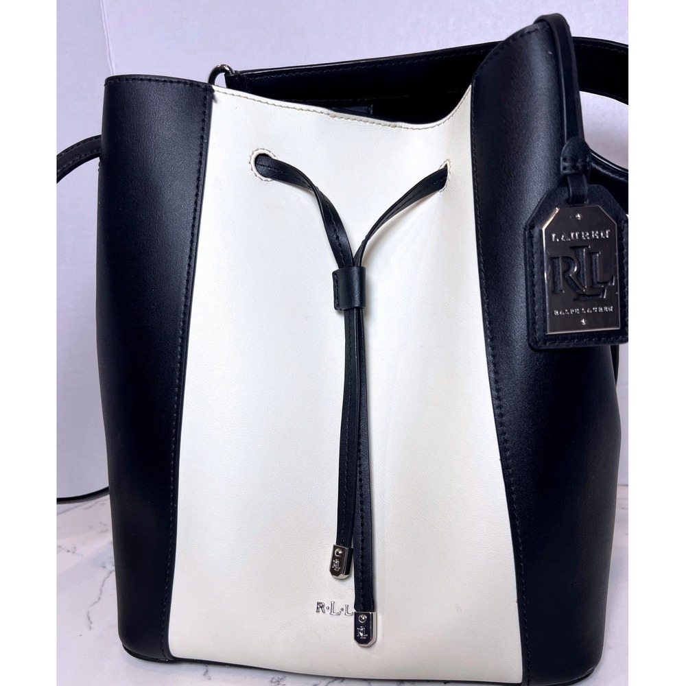 Lauren Ralph Lauren Dryden Debby Drawstring Bucket Bag Black White Leather